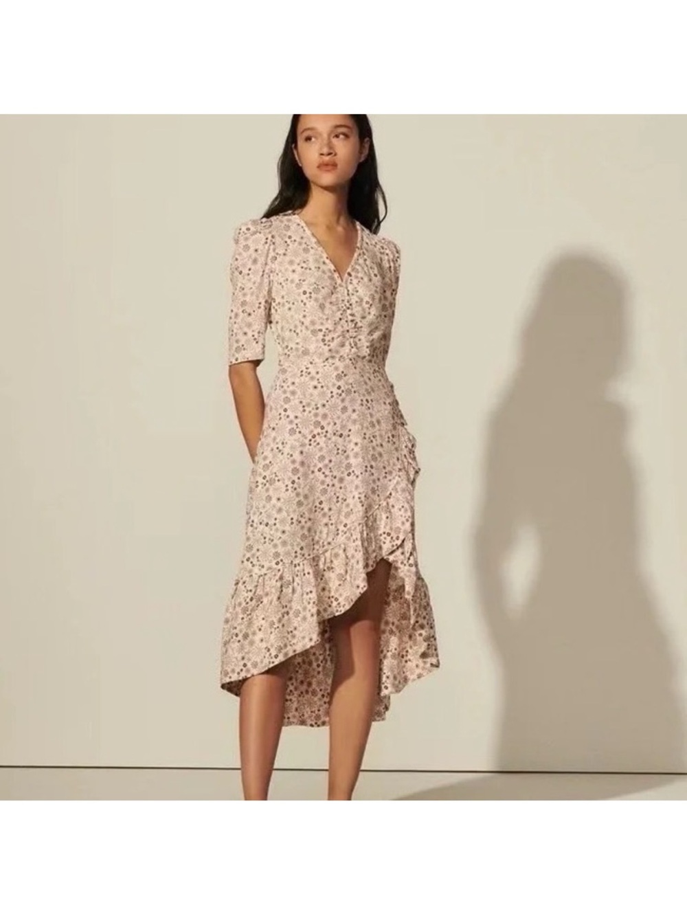 Sandro Blush Pink Floral High-Low Wrap Dress